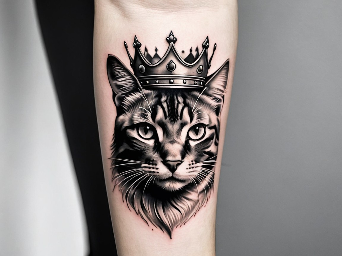 Regal Cat Tattoo with Crown in Black and Gray Design