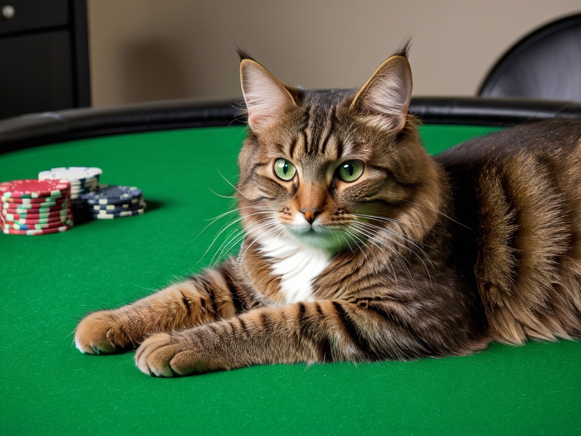 Maine Coon Cat on Green Poker Table with Chips