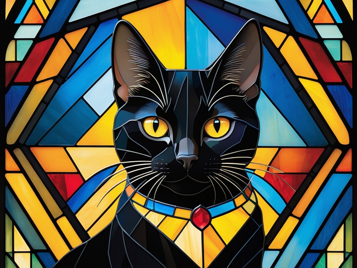 Stained Glass Design of a Black Cat with Colorful Collar