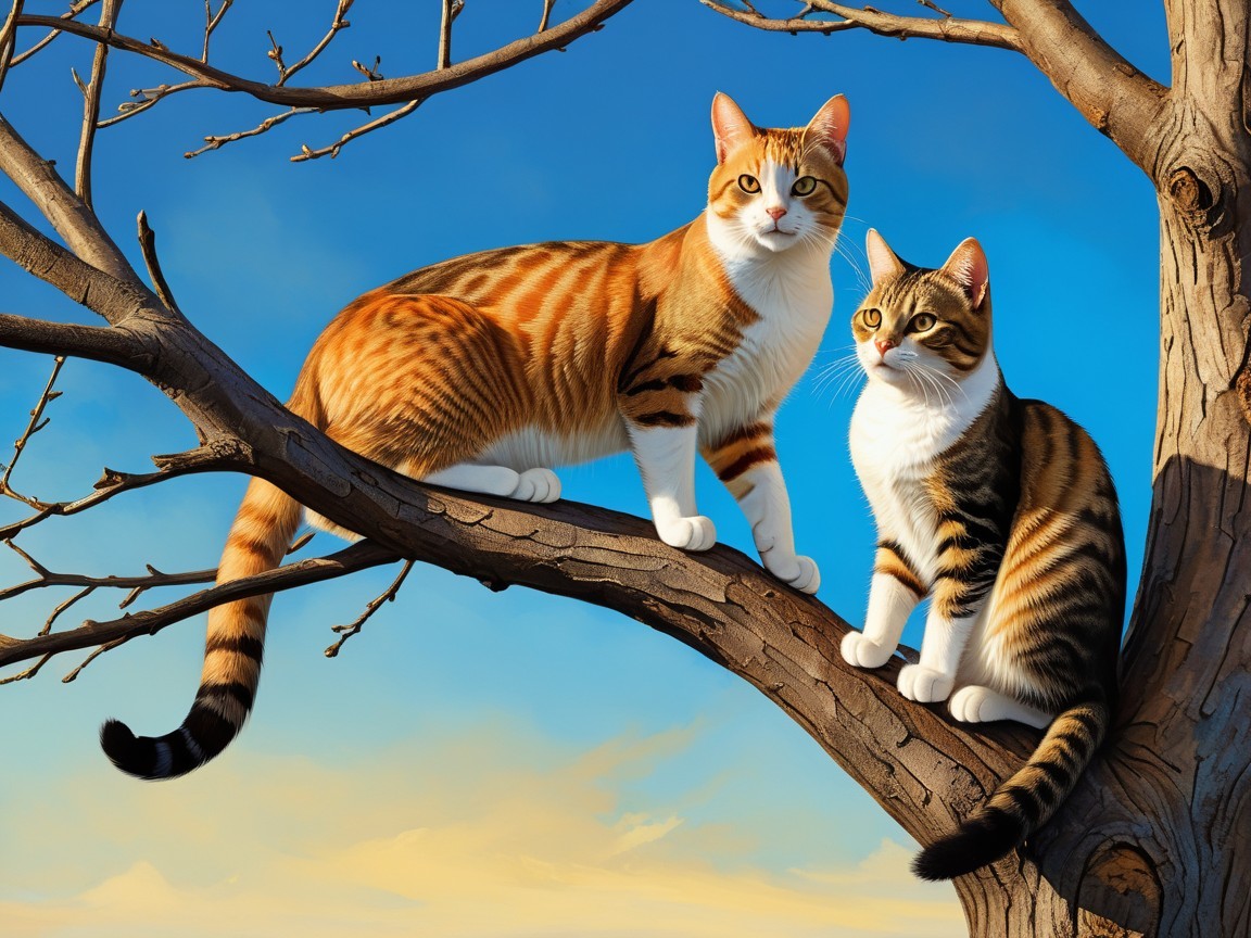 Playful Cats on Tree Branch Under Blue Sky