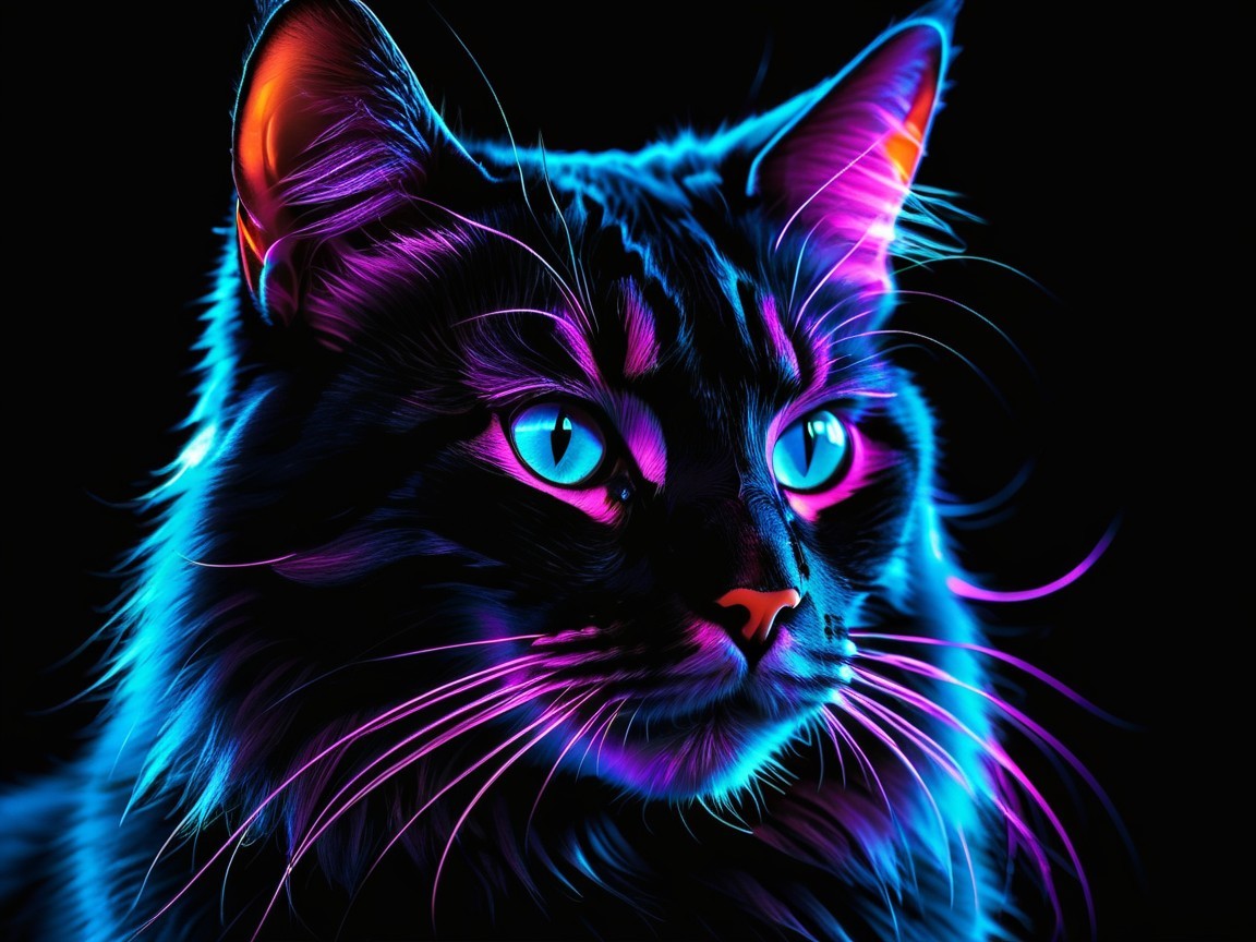 Vibrant Neon Cat Portrait with Dark Background