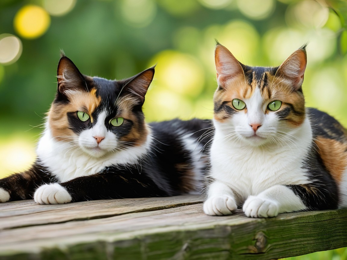 Calico Cats Resting on Wooden Surface with Green Background