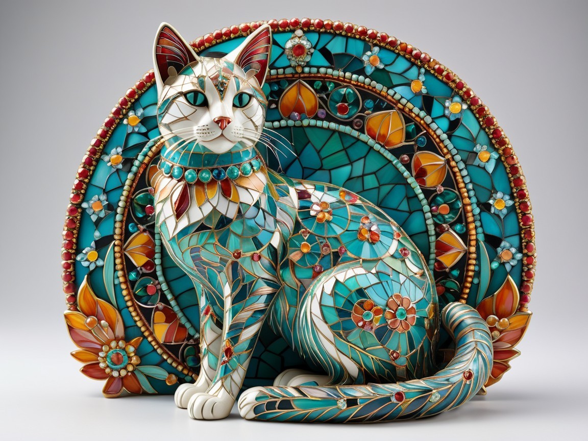 Ceramic Cat Sculpture with Intricate Patterns and Colors