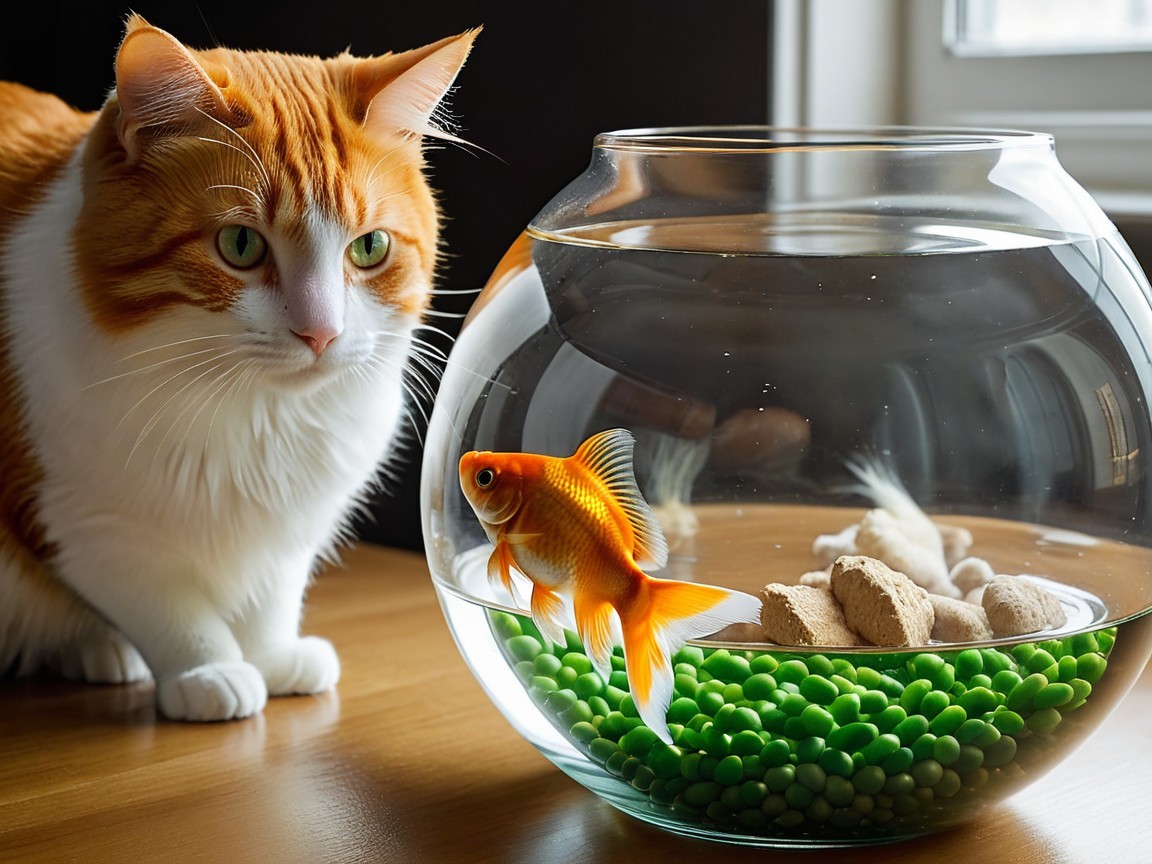 Orange and white cat observes goldfish in bowl