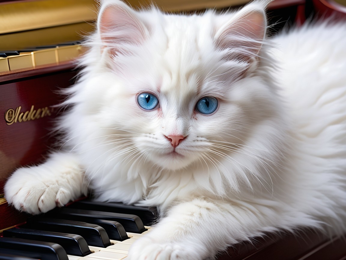 Fluffy White Cat with Blue Eyes on a Piano