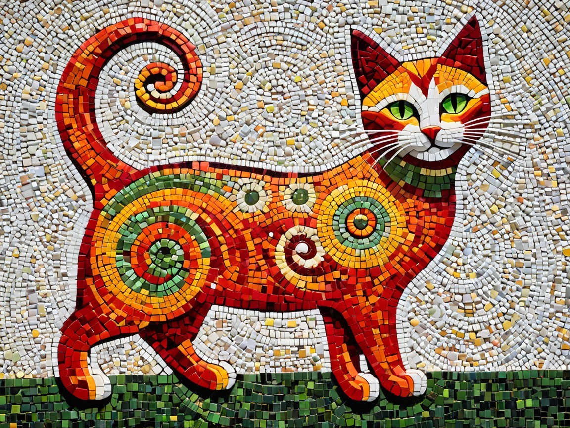 Vibrant mosaic of playful orange cat with green eyes