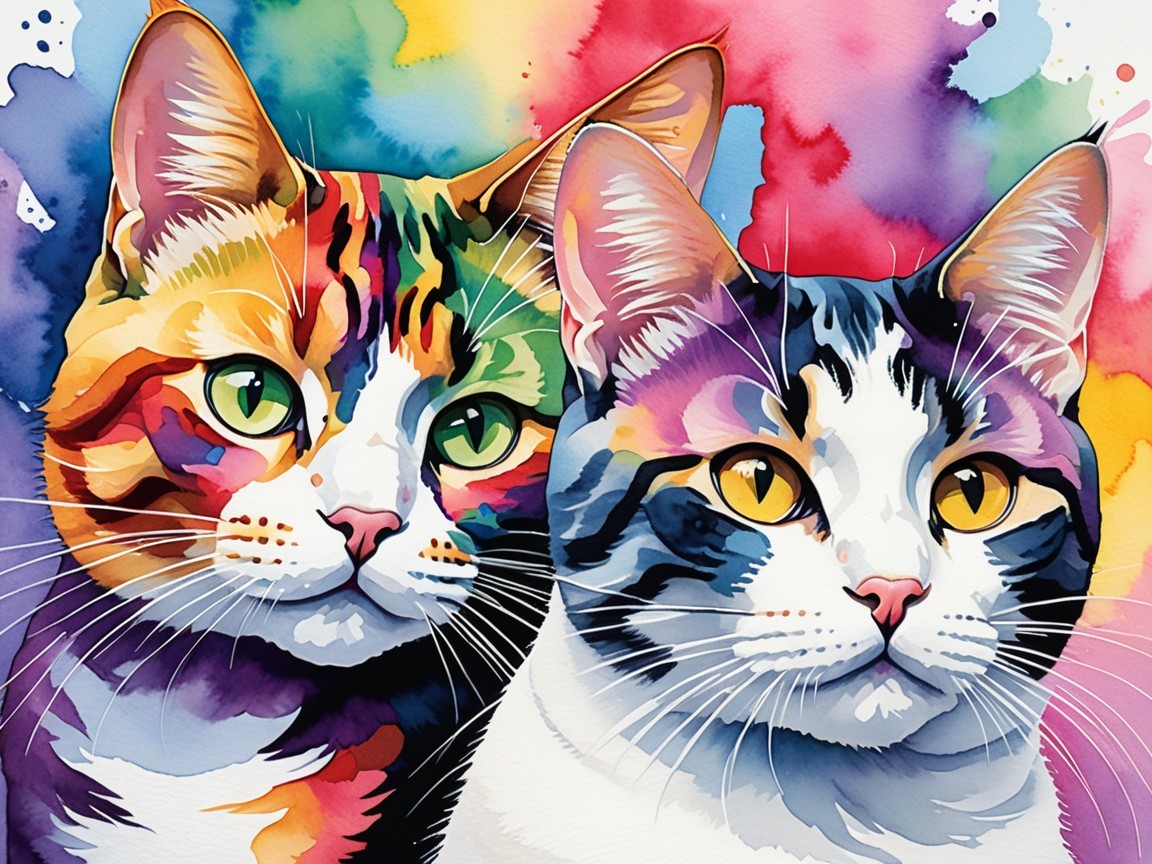 Stylized Cats on Colorful Watercolor Background