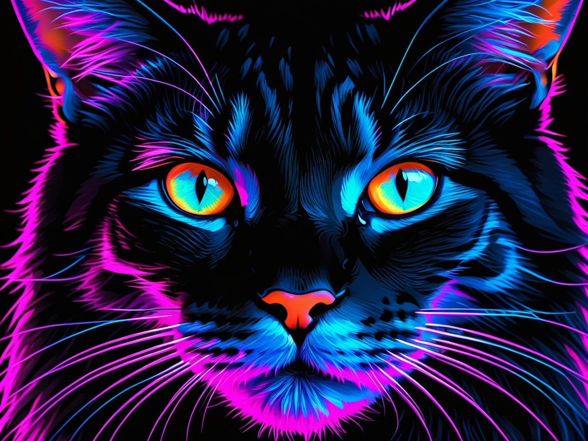 Close-up of a neon-colored cat with glowing eyes