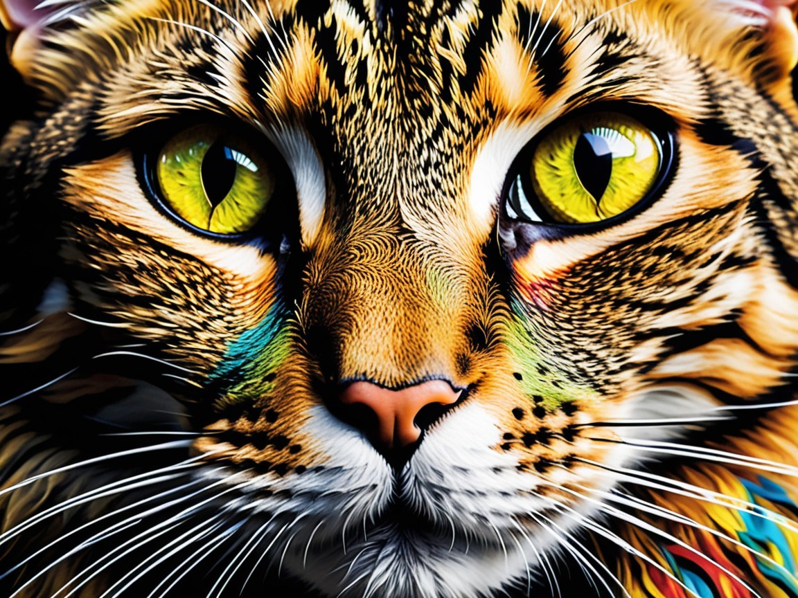 Close-up of a cat's face with vibrant green eyes