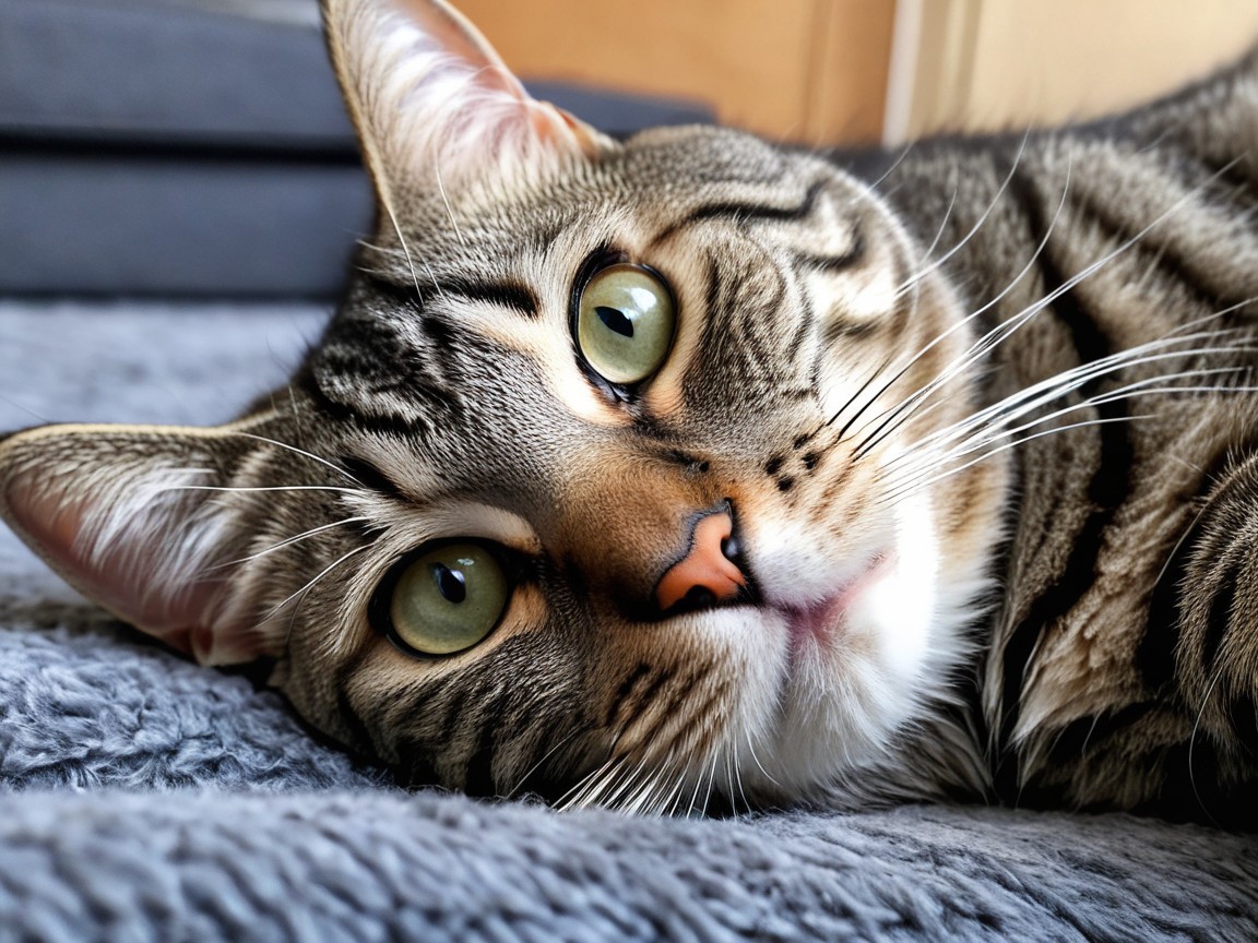 Close-up of a tabby cat on a soft gray surface