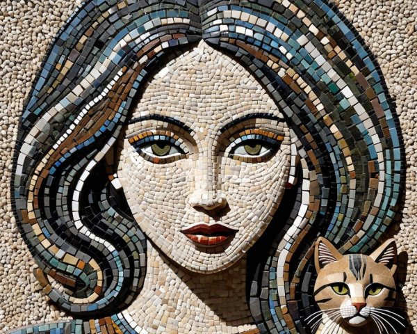 Mosaic Art of Woman with Cat and Green Eyes
