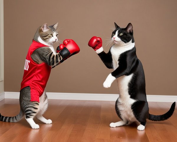 Cats in Playful Boxing Match with Red Gear