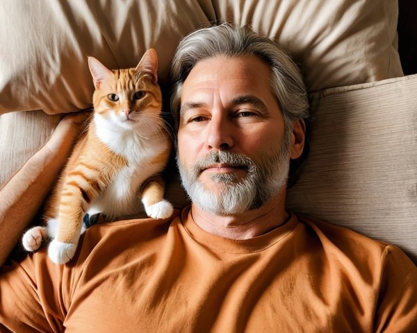 Relaxed man and orange tabby cat on a bed