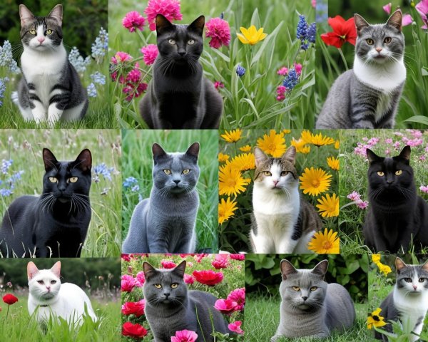 Collage of Cats Among Vibrant Garden Flowers