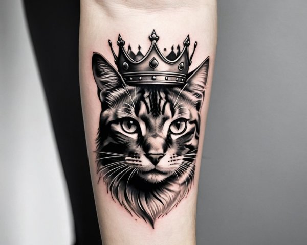 Regal Cat Tattoo with Crown in Black and Gray Design