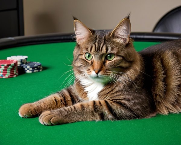 Maine Coon Cat on Green Poker Table with Chips