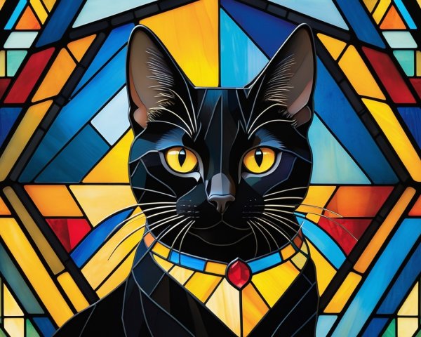Stained Glass Design of a Black Cat with Colorful Collar