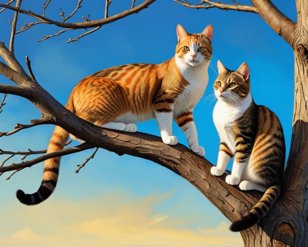 Playful Cats on Tree Branch Under Blue Sky