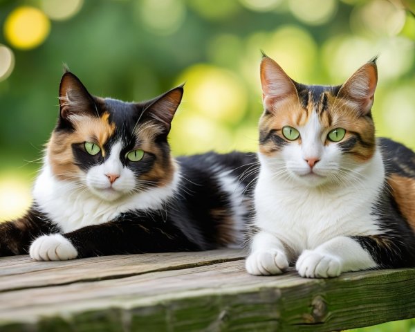 Calico Cats Resting on Wooden Surface with Green Background