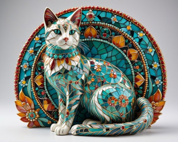 Ceramic Cat Sculpture with Intricate Patterns and Colors