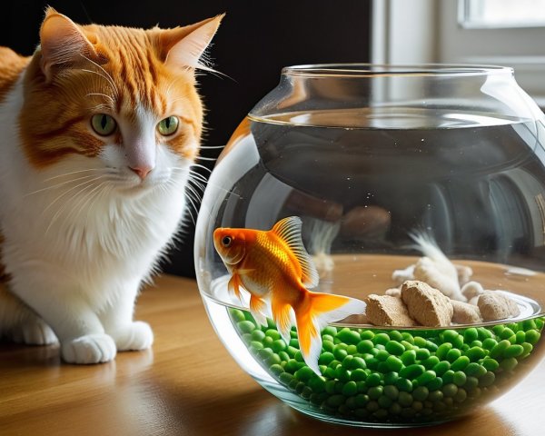 Orange and white cat observes goldfish in bowl