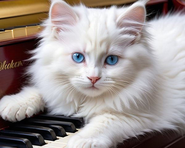 Fluffy White Cat with Blue Eyes on a Piano