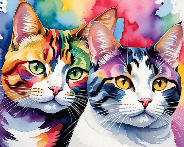 Stylized Cats on Colorful Watercolor Background