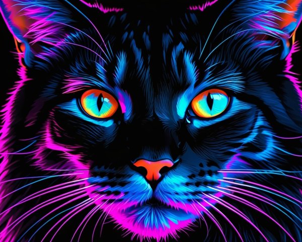 Close-up of a neon-colored cat with glowing eyes