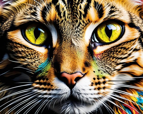 Close-up of a cat's face with vibrant green eyes