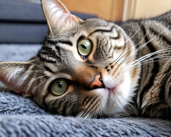 Close-up of a tabby cat on a soft gray surface