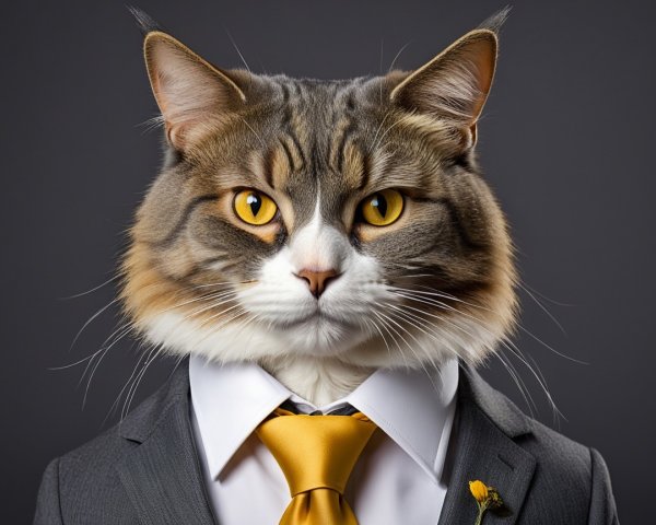 Sophisticated Cat in Tailored Suit with Yellow Tie