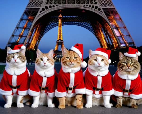 Five Cats in Santa Outfits with Eiffel Tower Background