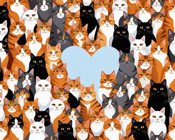 Colorful Illustration of Cats with Blue Heart Shape