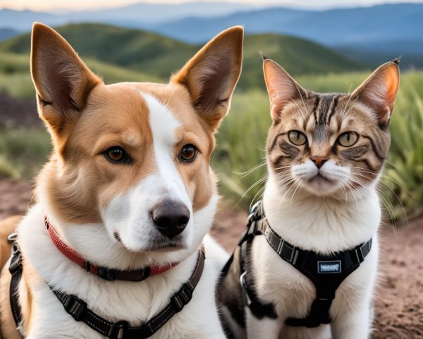 Corgi and Cat on Trail with Scenic Hills Background