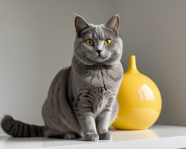 Gray Cat with Yellow Eyes and Yellow Vase on White Surface