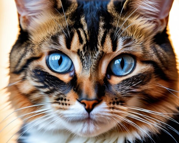 Close-up of a cat with vibrant fur and blue eyes