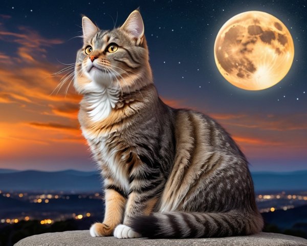 Majestic Cat on Ledge Under Twilight and Full Moon