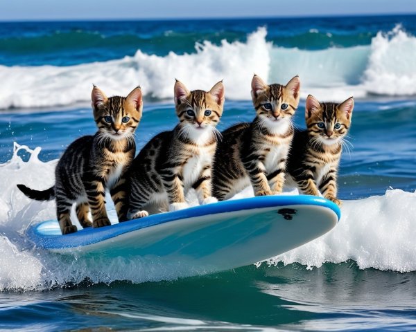 Kittens on a Surfboard Riding a Colorful Wave