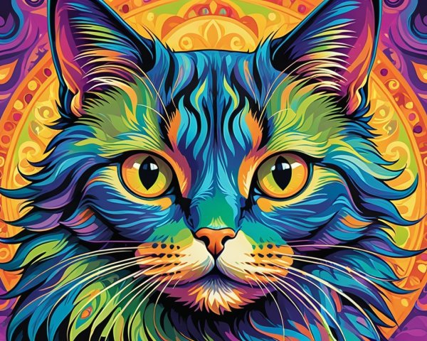 Colorful Cat Portrait with Psychedelic Background