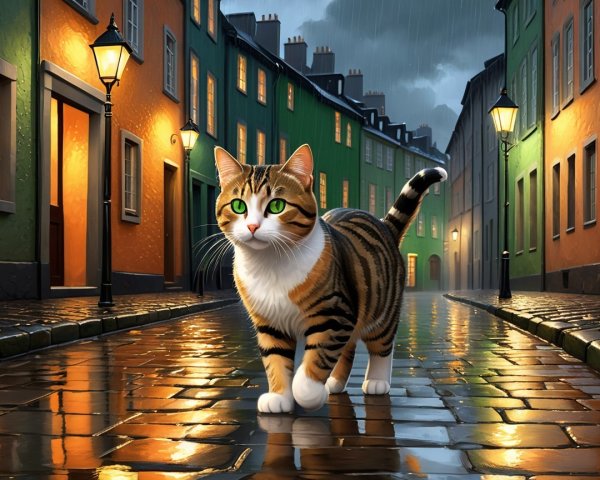 Tabby Cat on Cobblestone Street with Lamplight