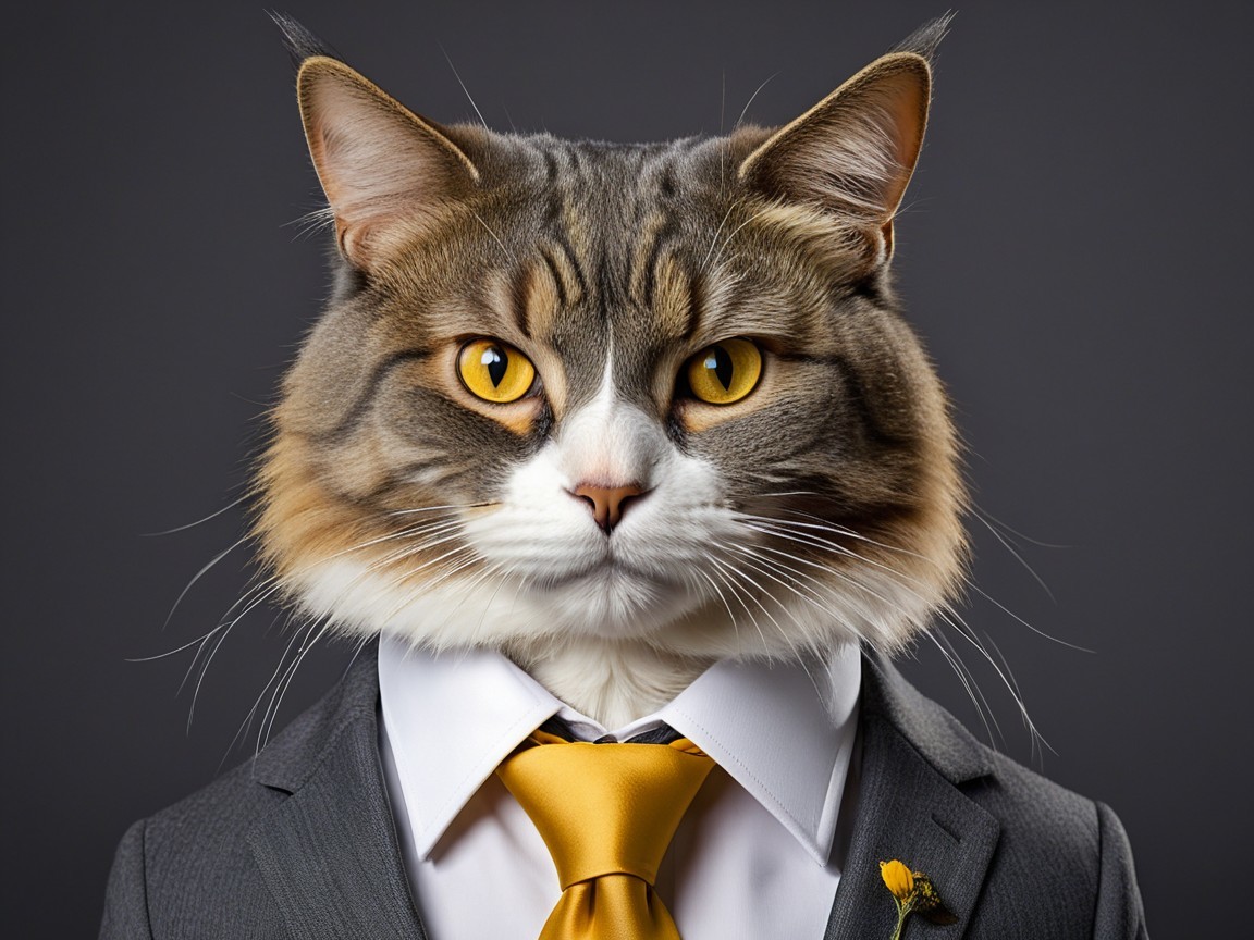 Sophisticated Cat in Tailored Suit with Yellow Tie