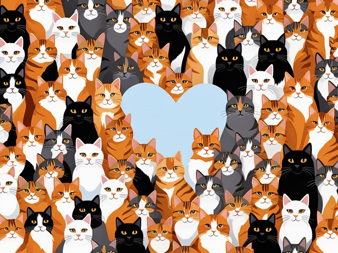 Colorful Illustration of Cats with Blue Heart Shape