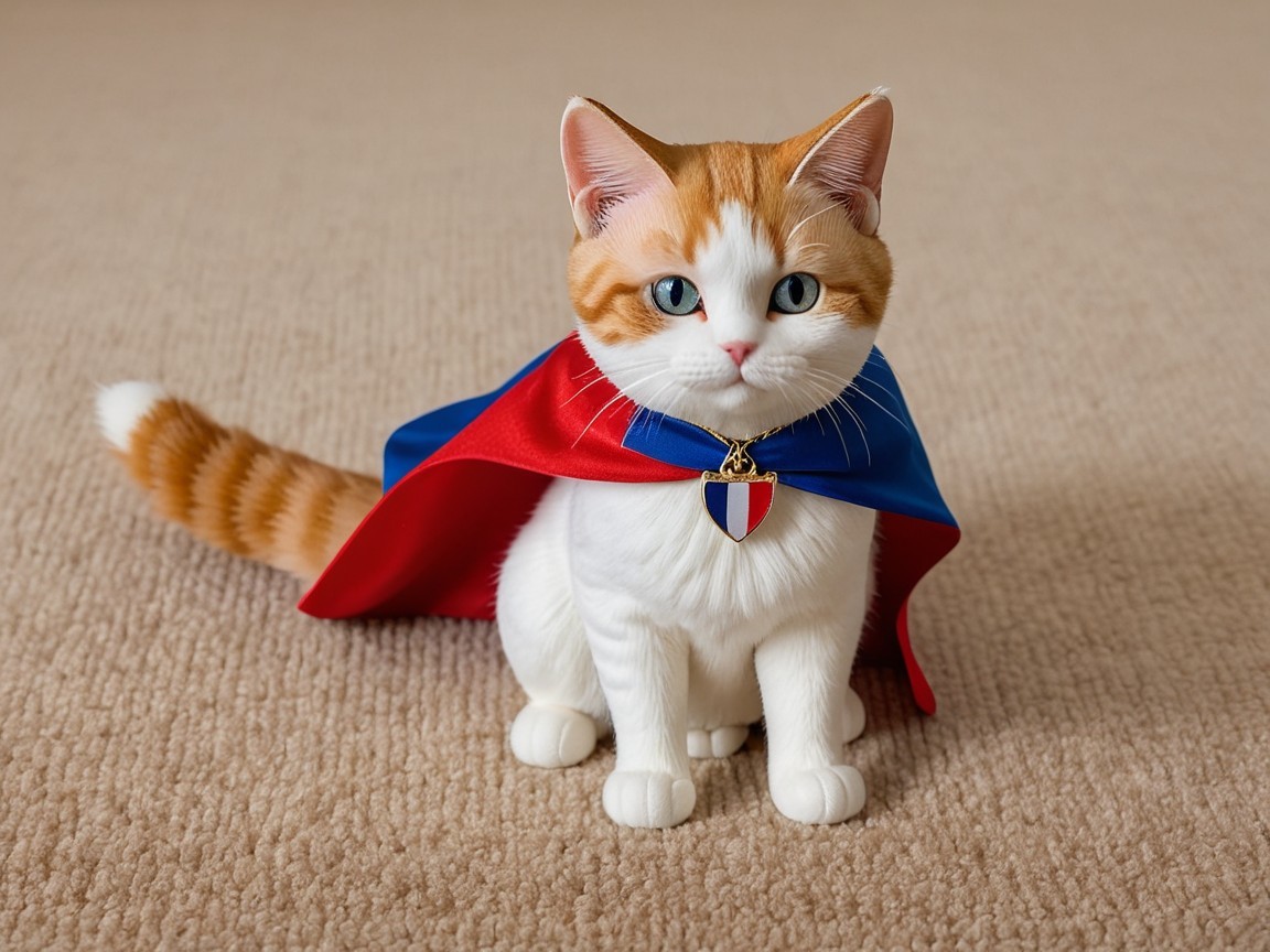 Fluffy Cat in Superhero Cape on Beige Carpet