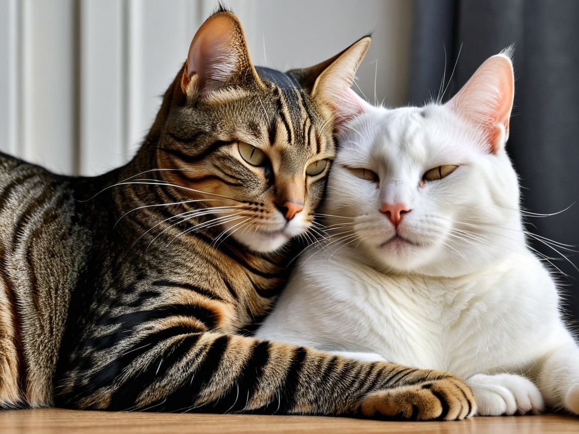 Bengal and Fluffy White Cat Resting Together Indoors