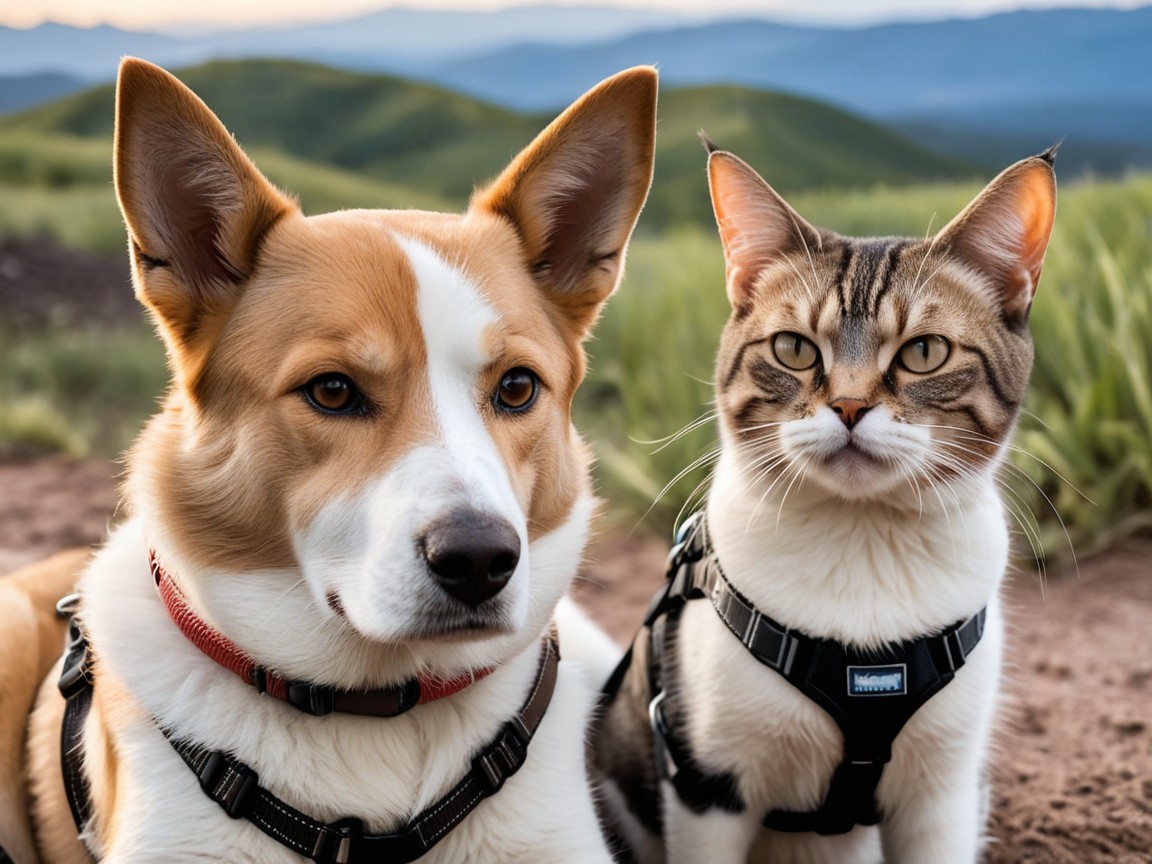 Corgi and Cat on Trail with Scenic Hills Background