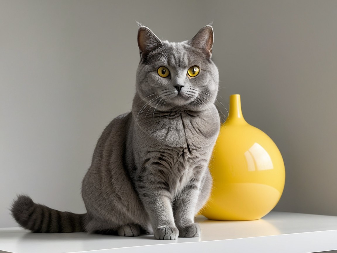 Gray Cat with Yellow Eyes and Yellow Vase on White Surface