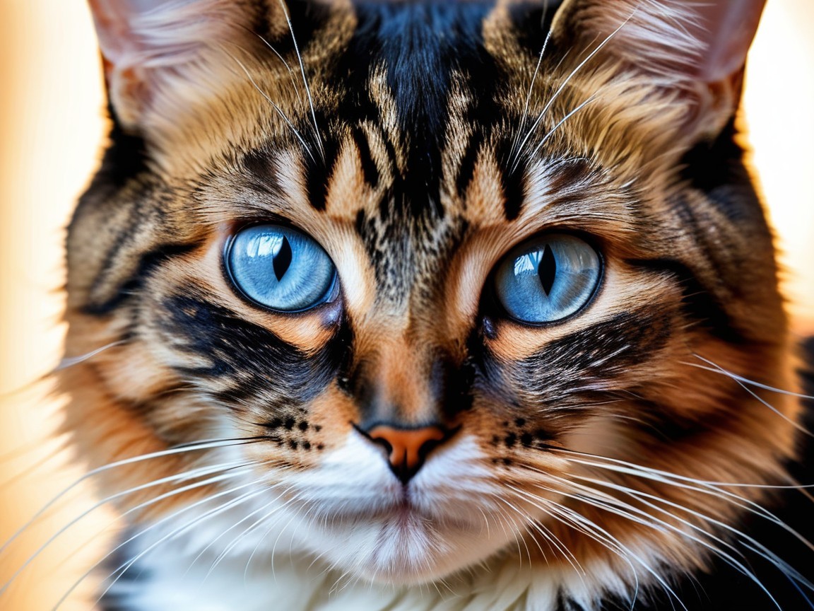 Close-up of a cat with vibrant fur and blue eyes