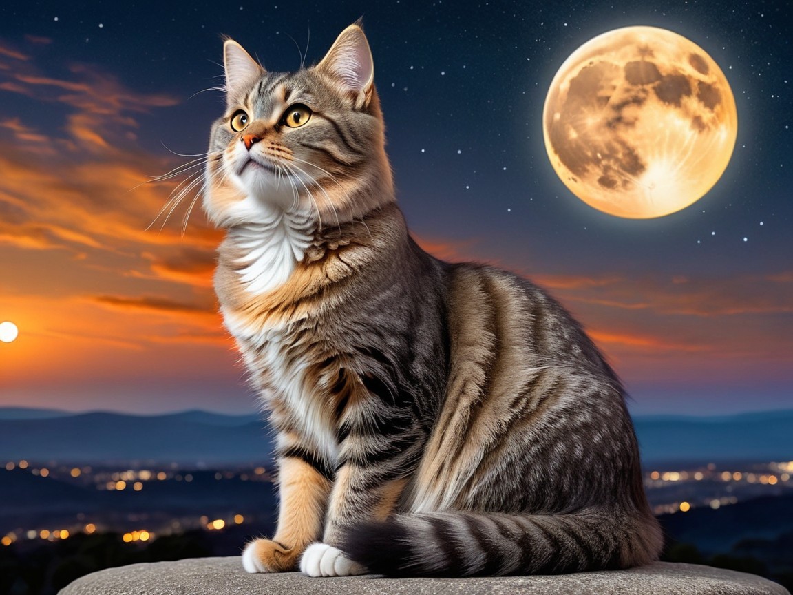 Majestic Cat on Ledge Under Twilight and Full Moon