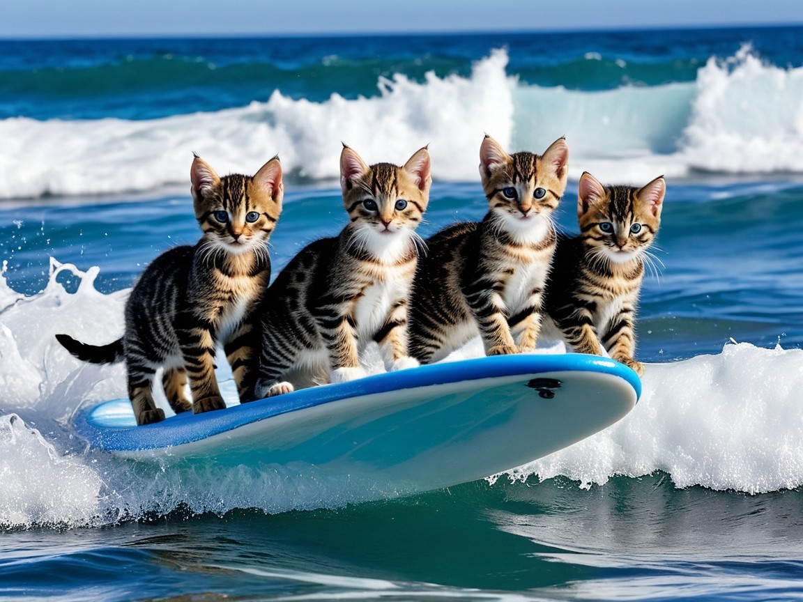 Kittens on a Surfboard Riding a Colorful Wave
