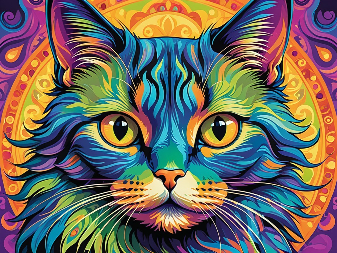 Colorful Cat Portrait with Psychedelic Background